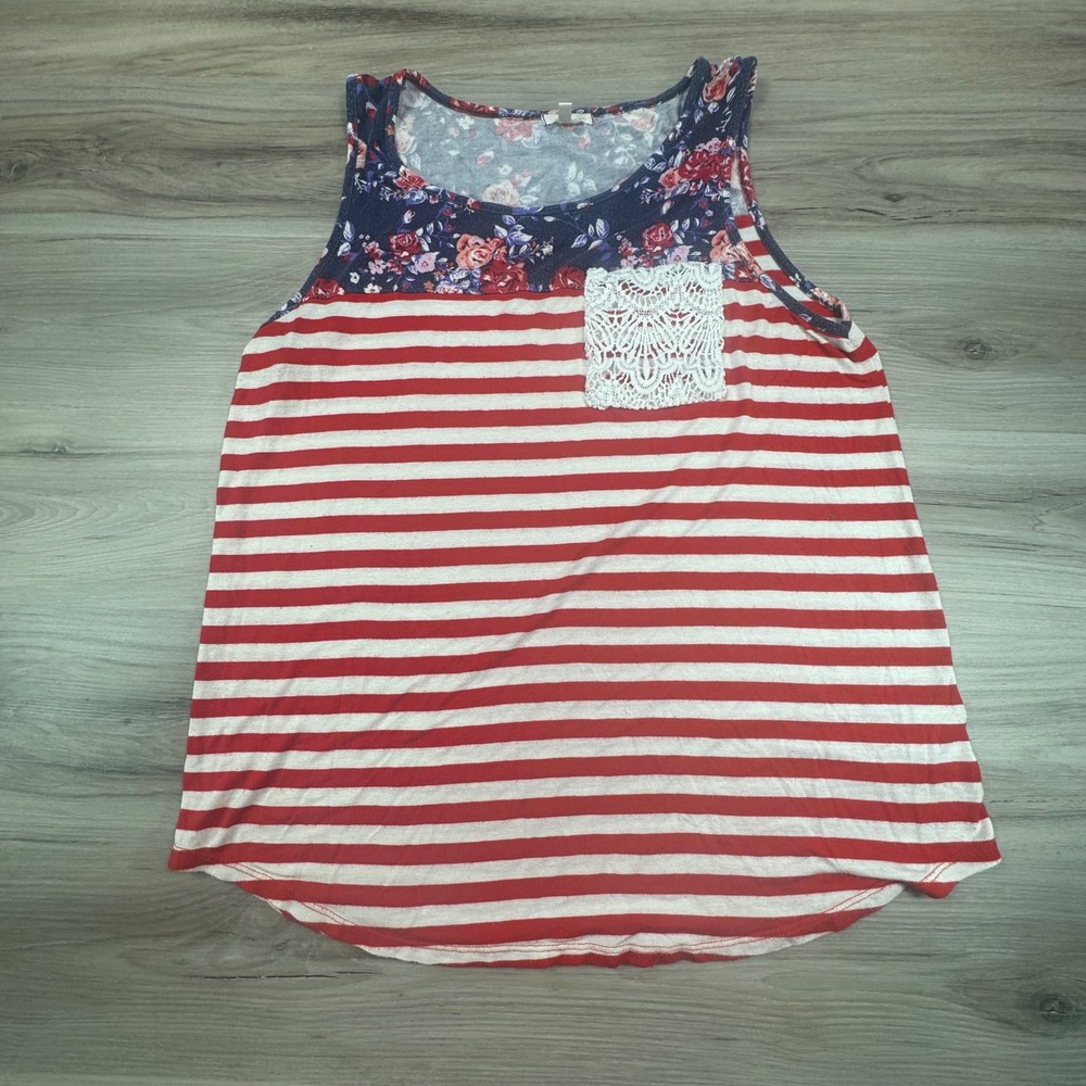 Tru Self Womens XL Red White Striped Floral Tank Top Crochet Pocket 1PGAEPDQ